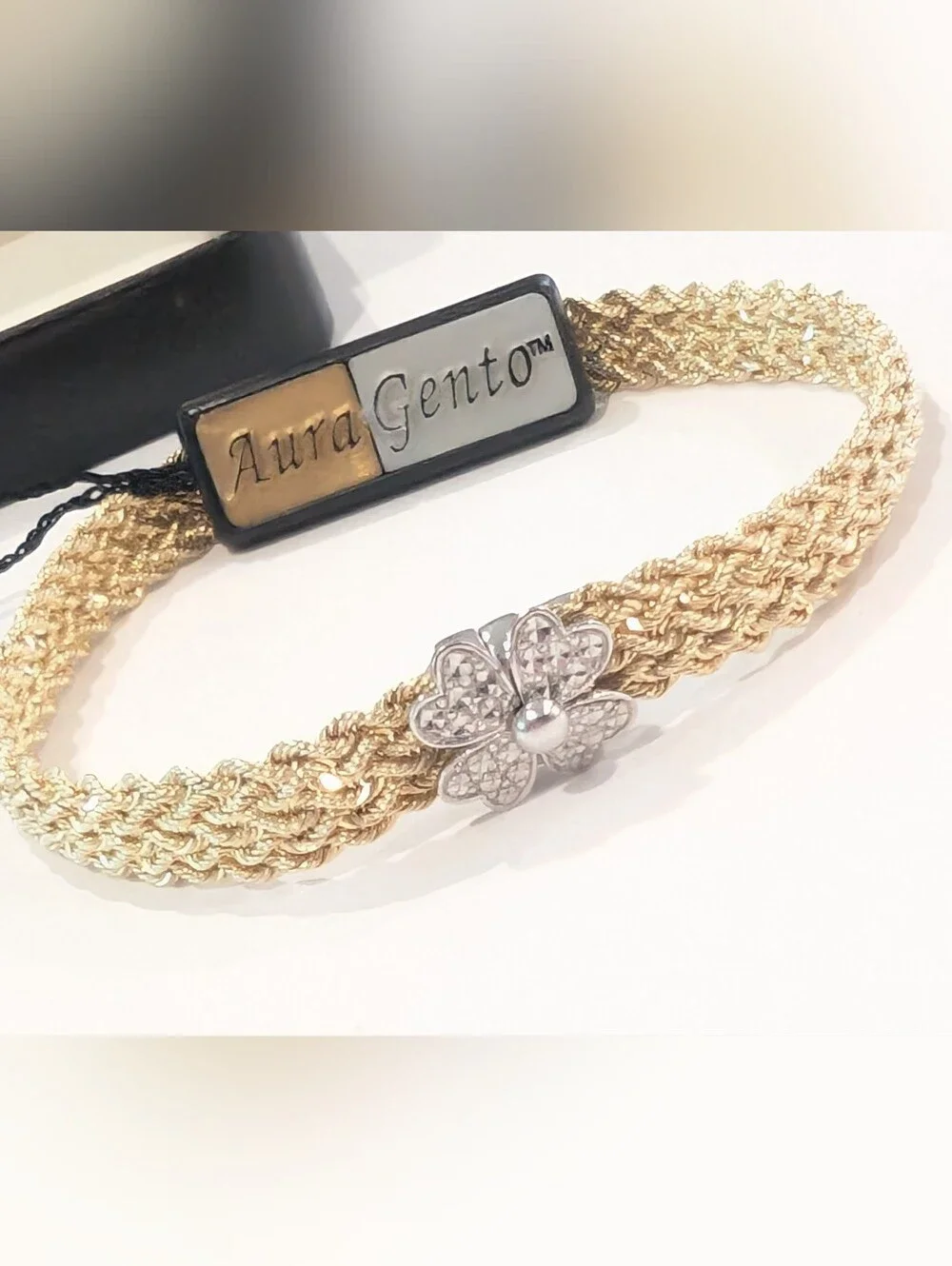 NWT Gold Plate Basketweave + Silver AuraGento Bracelet With Floral Clasp In Box